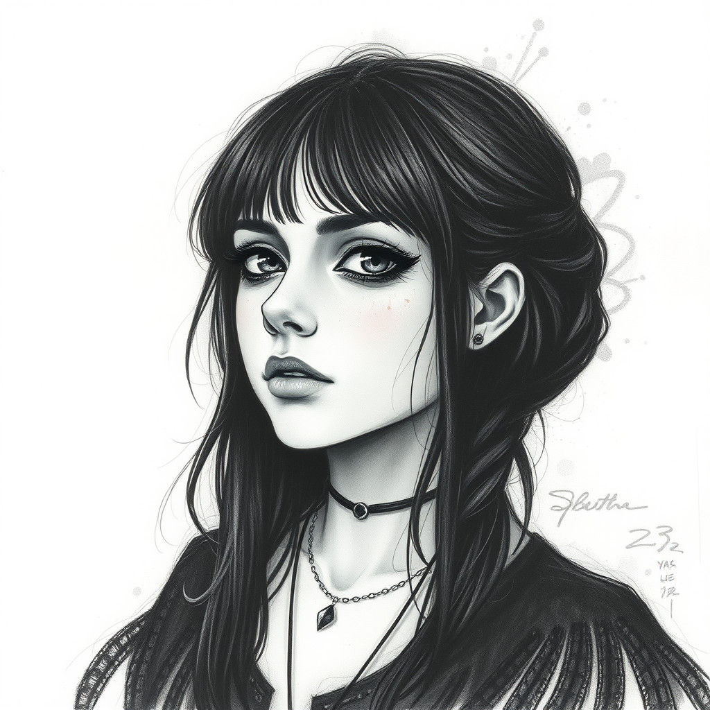 Whimsical Charcoal Drawing of a Goth Woman