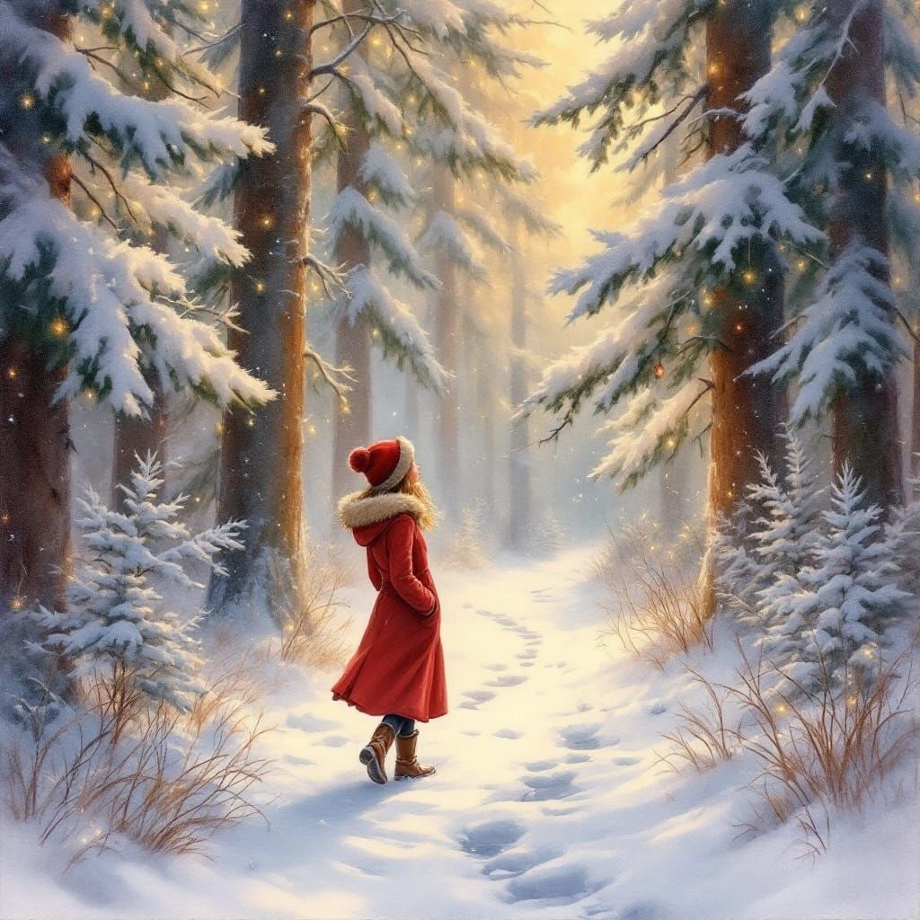 Woman in Winter Forest, Watercolor Style