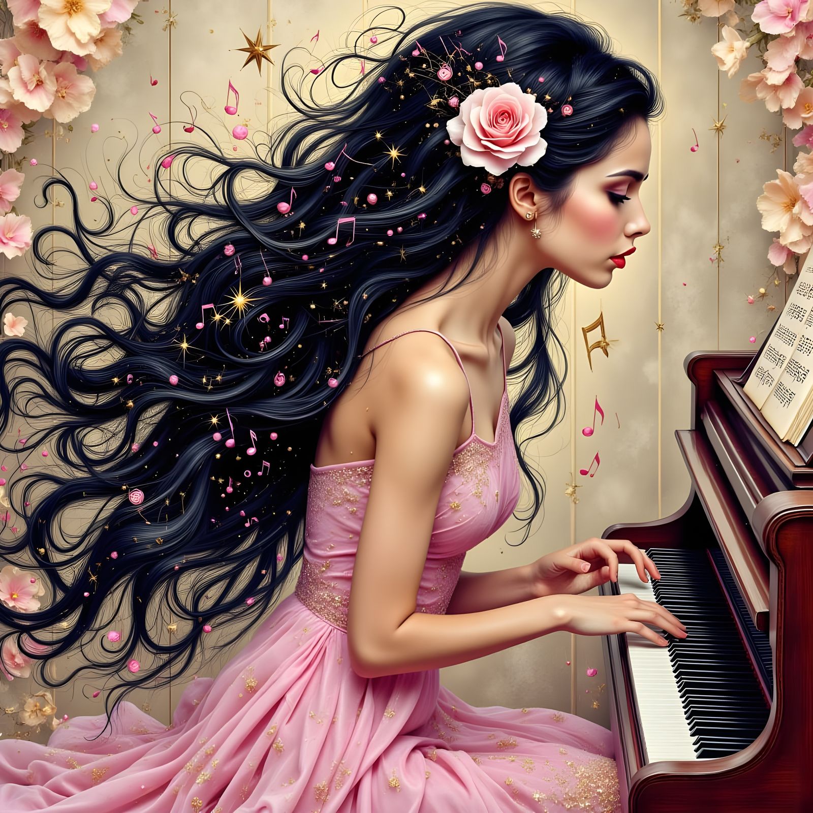 Fantasy Portrait of Woman Playing Piano with Sparkles