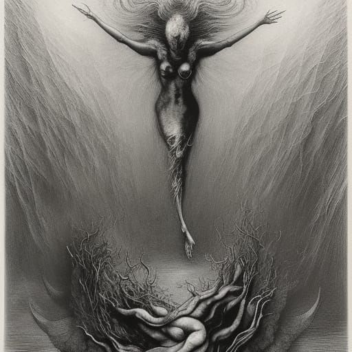 Ethereal Vortex of Ghosts in Engraving Style