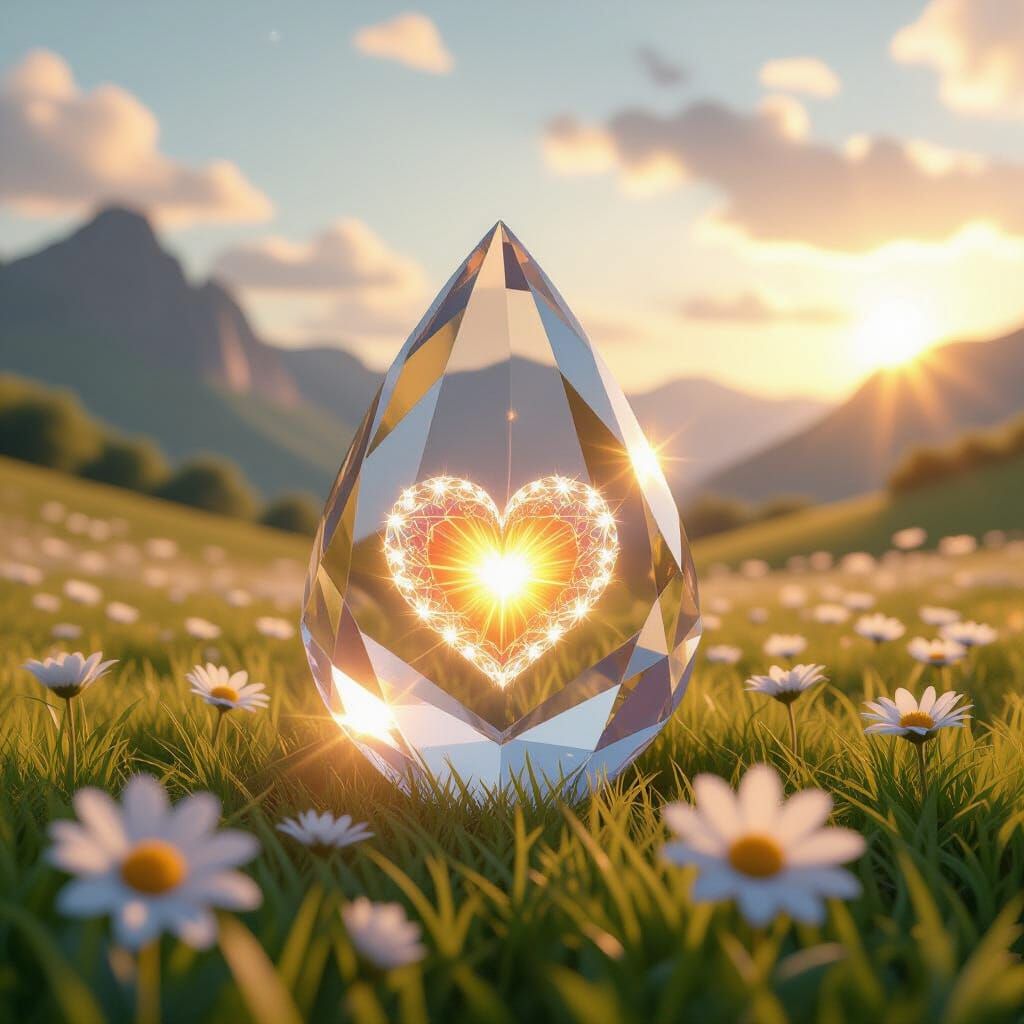 Radiant Heart Crystal on Flower Meadow in 3D Anime Style