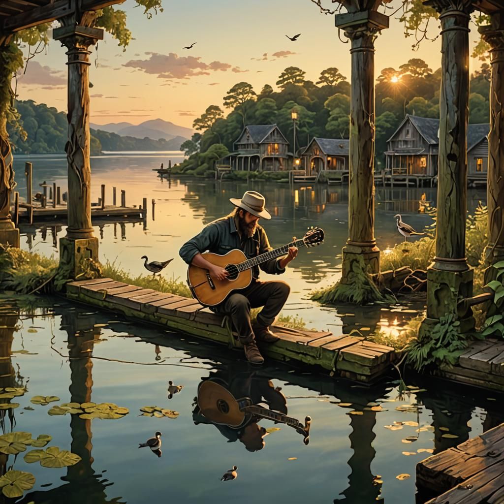 Banjo Player on Bay Dock at Dusk