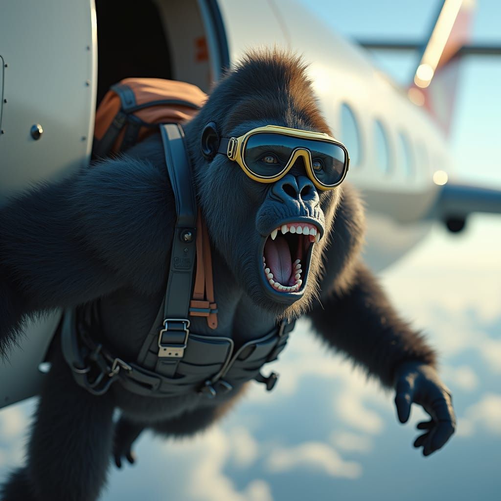 Flying Silverback Gorilla in Jumpsuit with Goggles