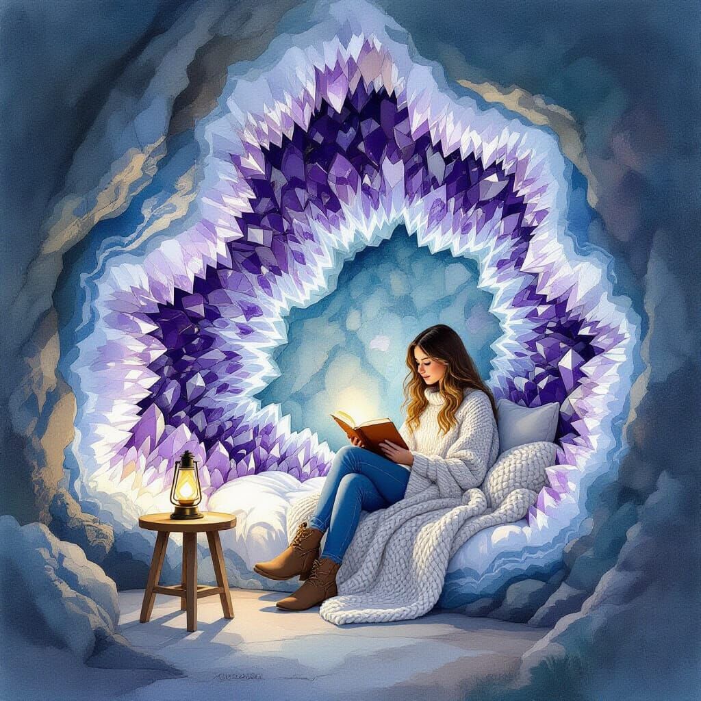 Cozy Geode Reading Nook in Watercolor Style