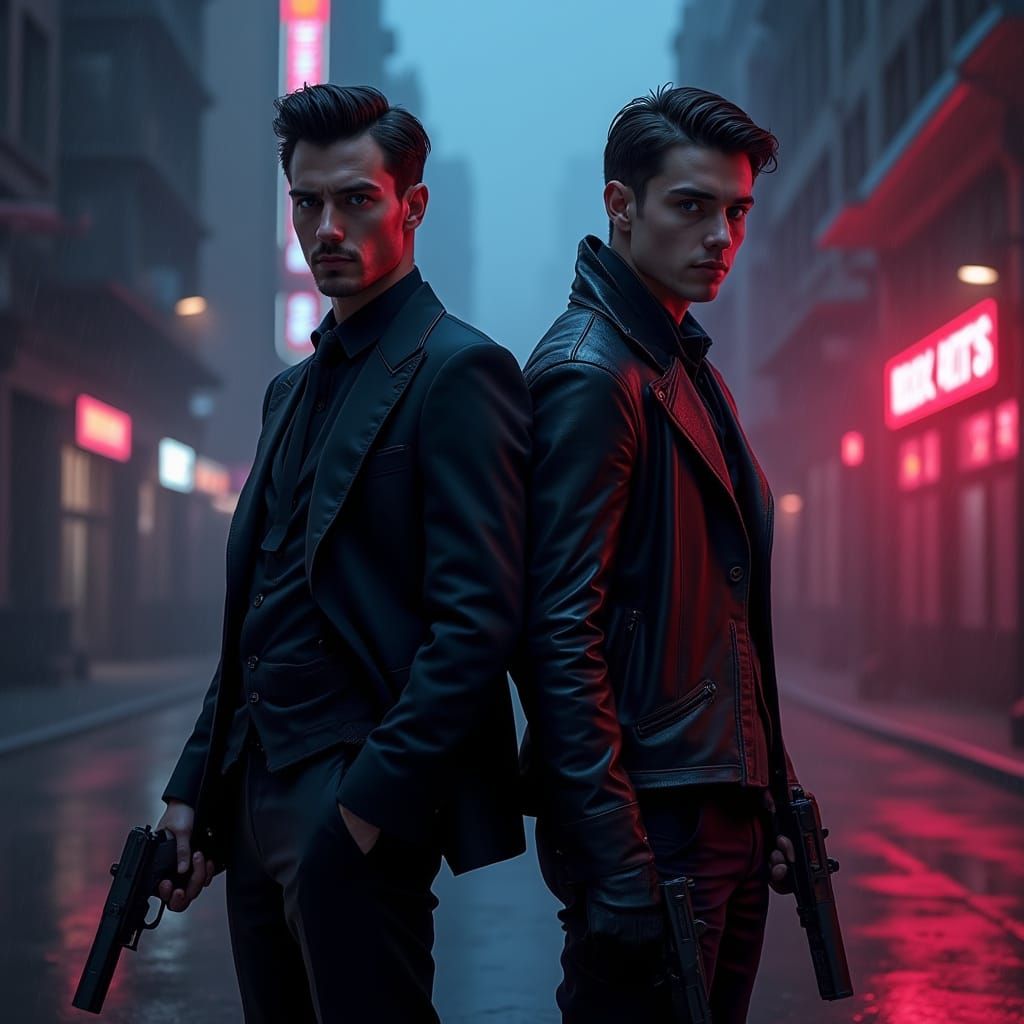 Elite Assassins in Neon-Lit Urban Landscape