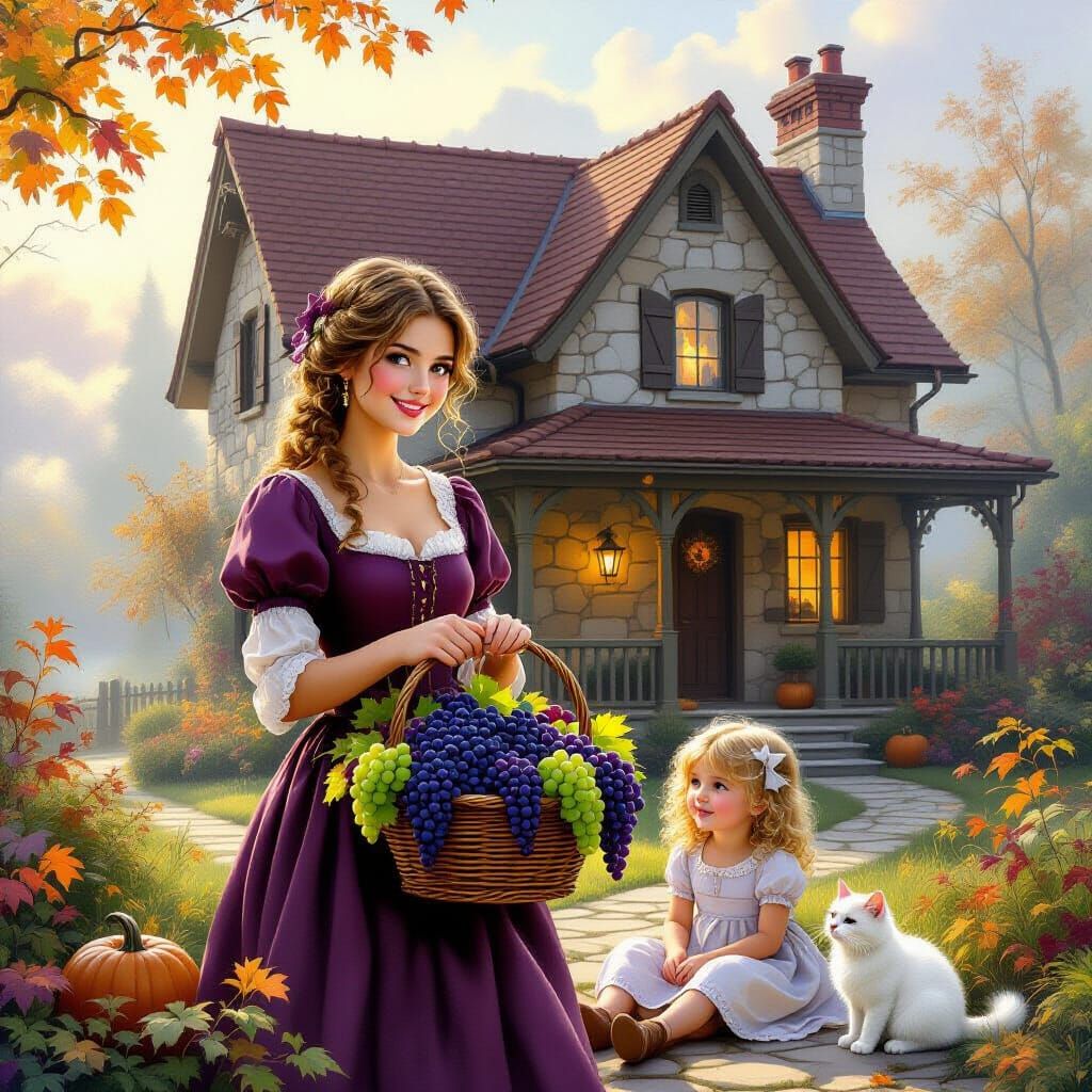 Autumn Harvest Scene with Woman and Girl