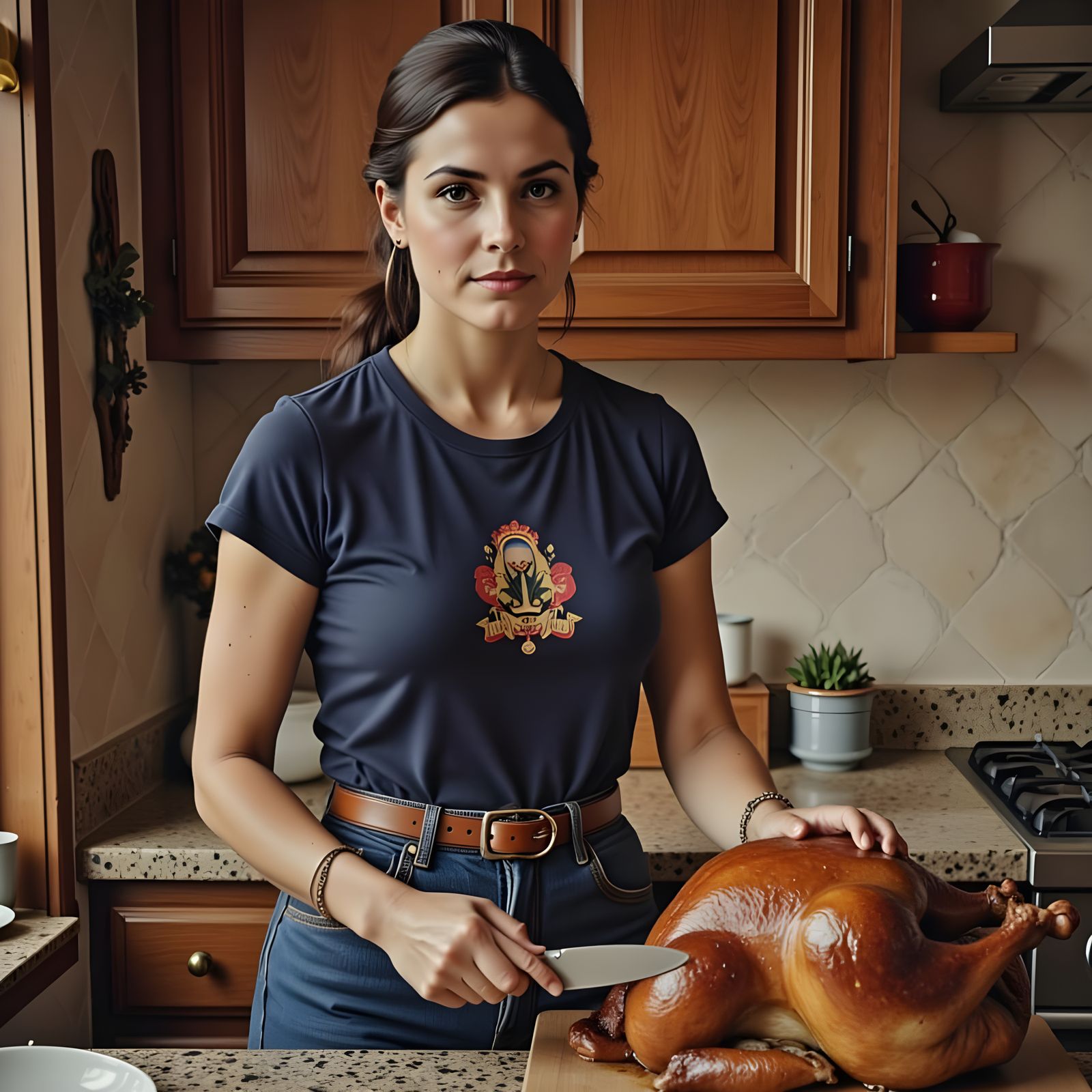 Woman Carving Turkey in Warm Kitchen