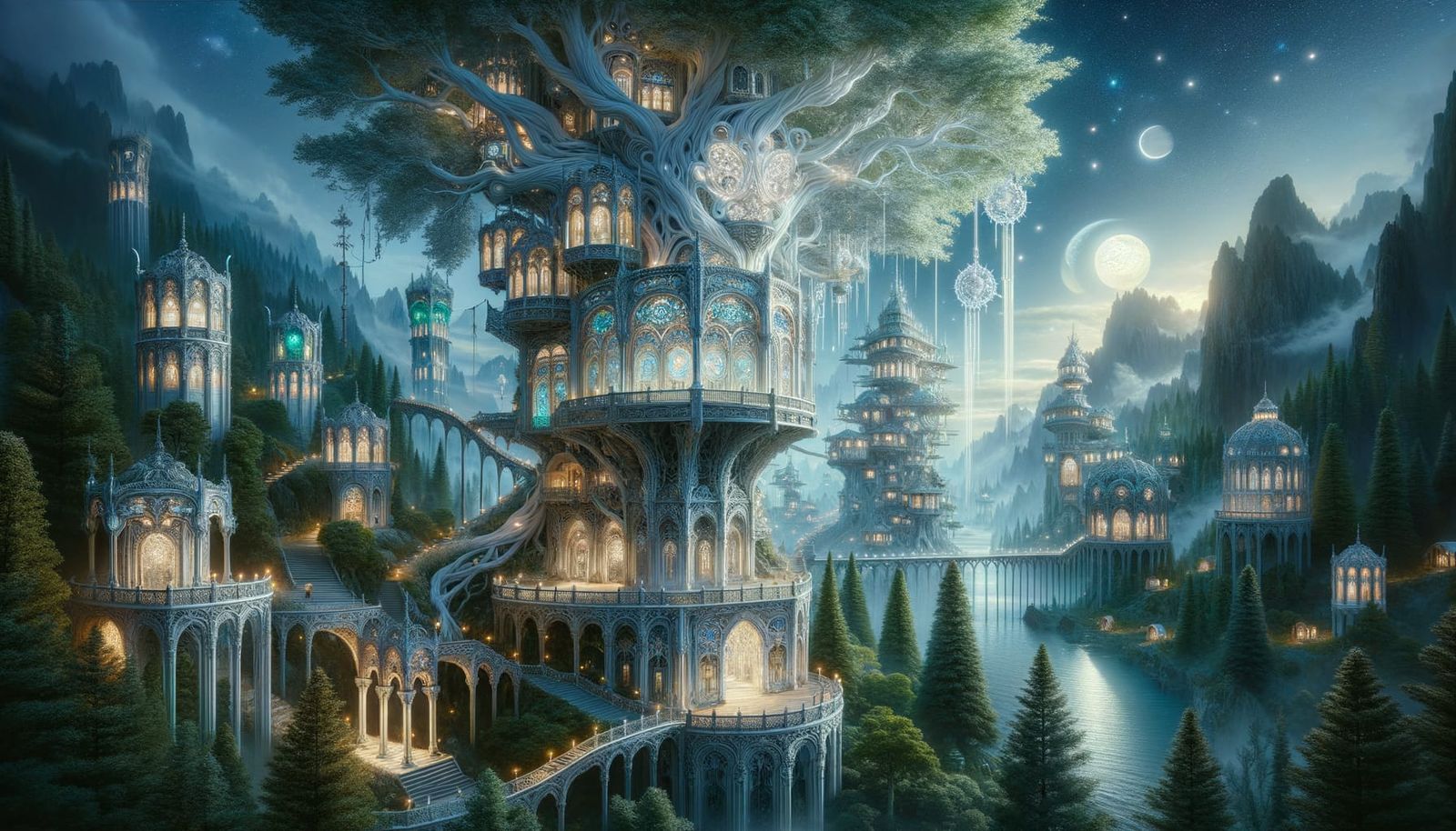 Ethereal Treehouse Metropolis under Moonlit Skies