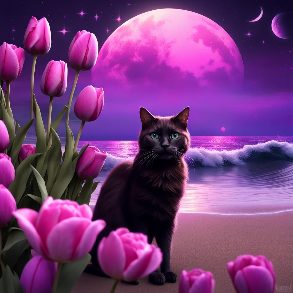 Surreal Beach Cat Under Purple Starry Sky