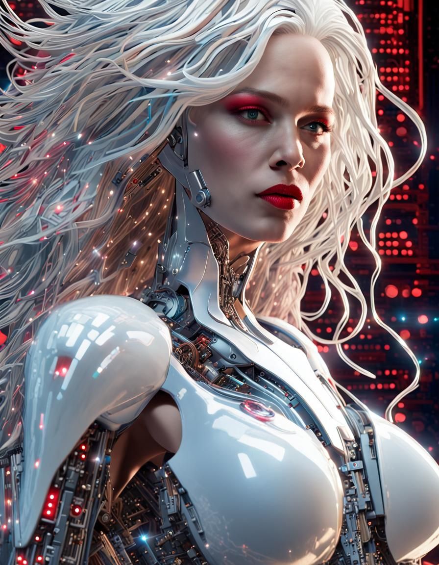 Android Hacker with Bio-Tech Wings in Cyberpunk Style