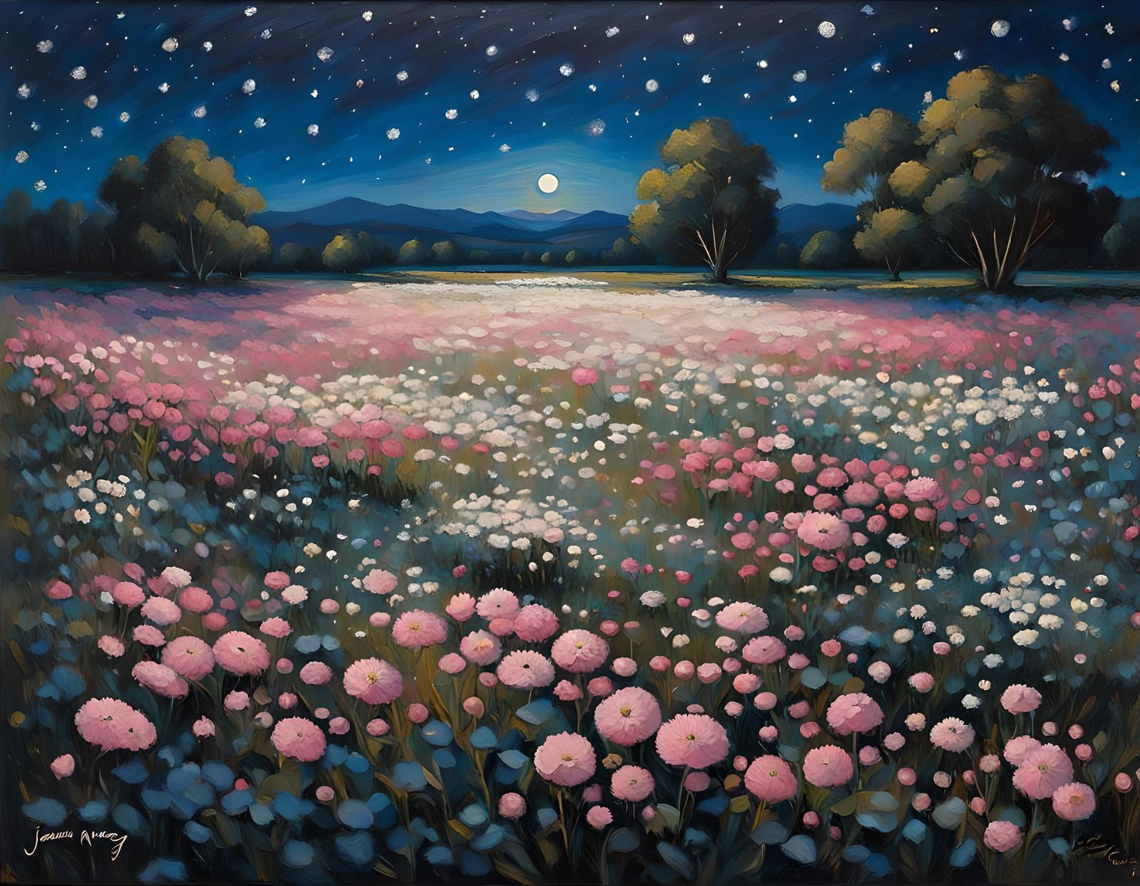 Field of Flowers Under Starry Night Sky