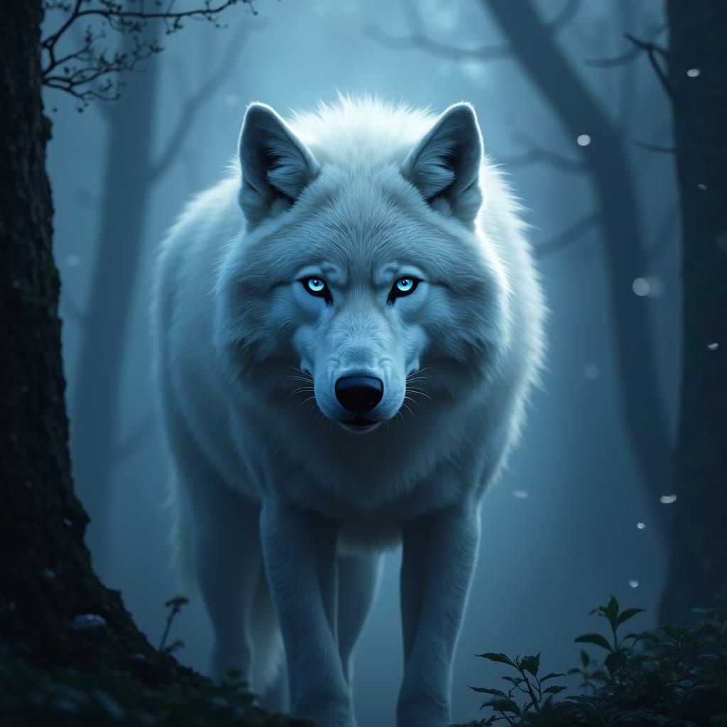 White Wolf in Misty Forest, Digital Matte Painting