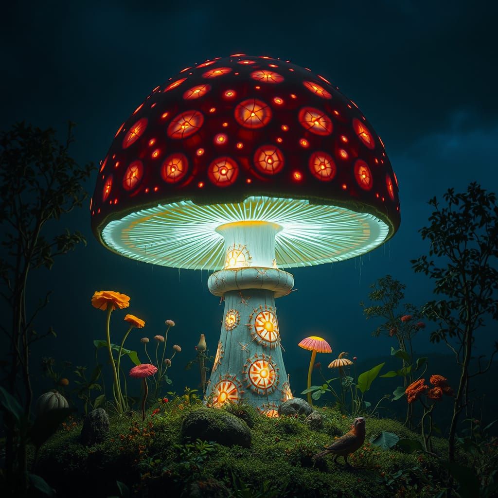 Bioluminescent Mushroom in a Surreal Grove