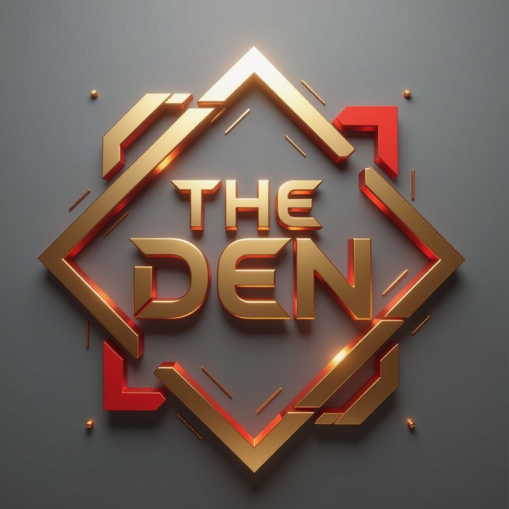 Futuristic 'THE DEN' Logo with Gold and Red Outlines