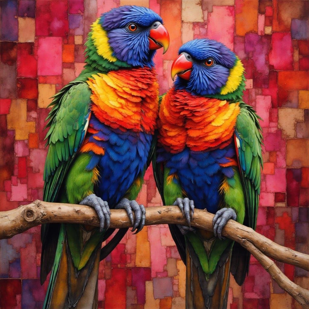 Rainbow Lorikeets in Charcoal and Ink Drawing
