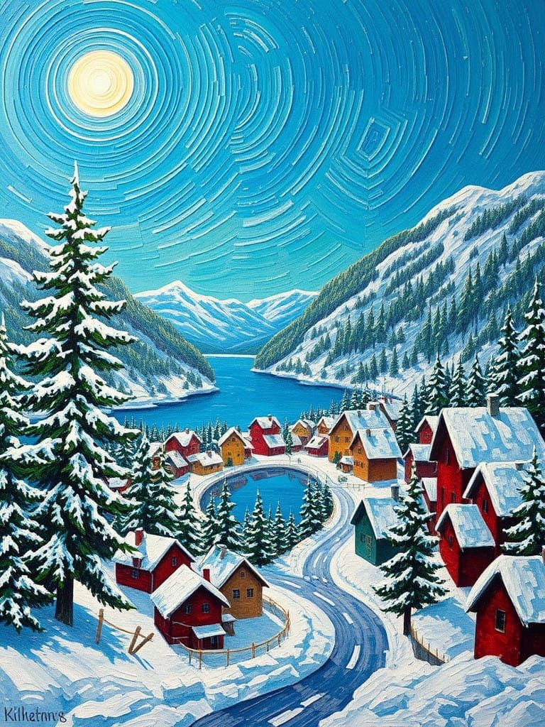Dreamlike Snowy Village Under a Brilliant Blue Sky