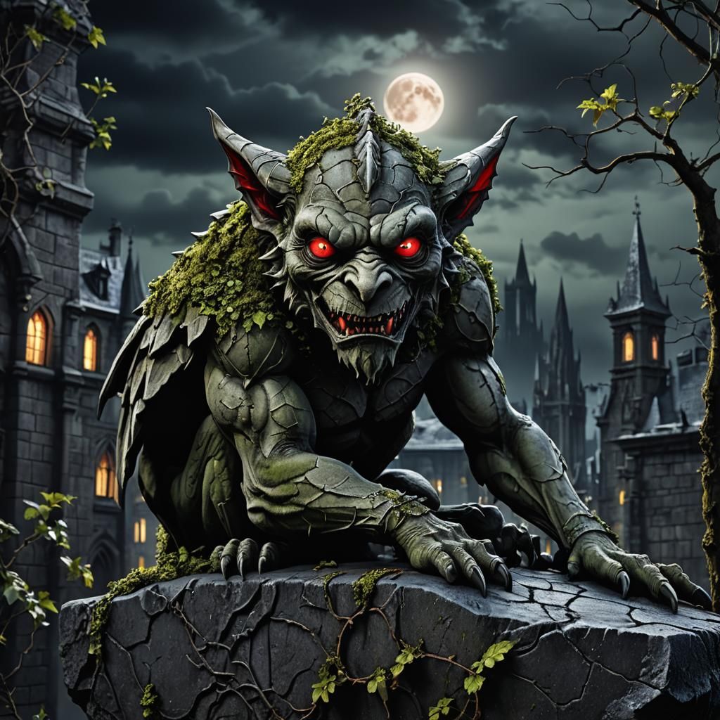 Gothic Gargoyle on Ledge with Red Eyes