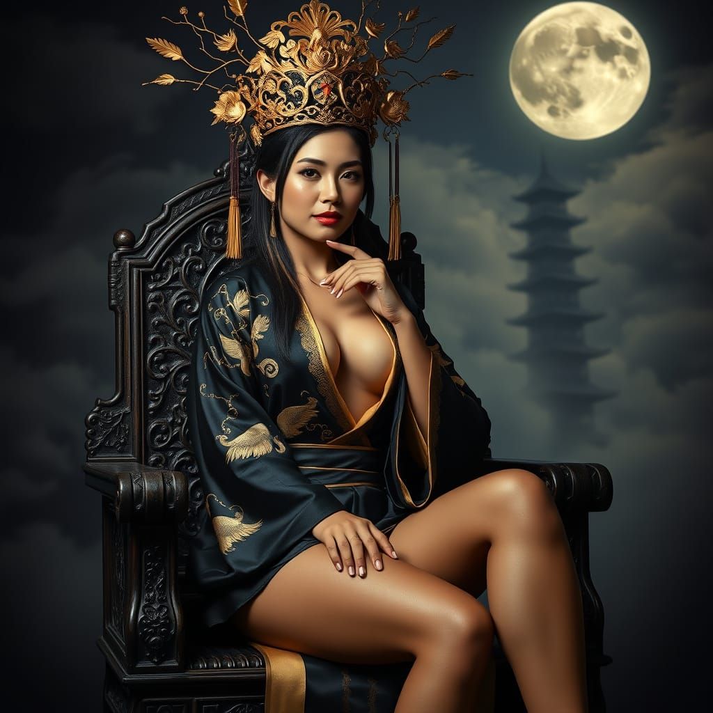 Latina Woman on Throne in Silk Kimono Robe