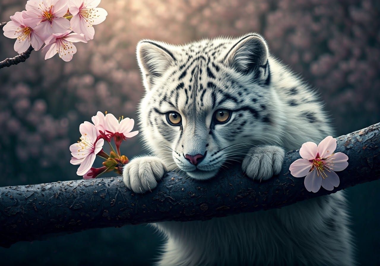Snow Leopard Among Giant Cherry Blossoms