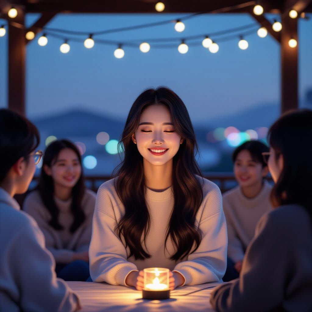 Serene Rooftop Prayer Meeting in Korean Art Style