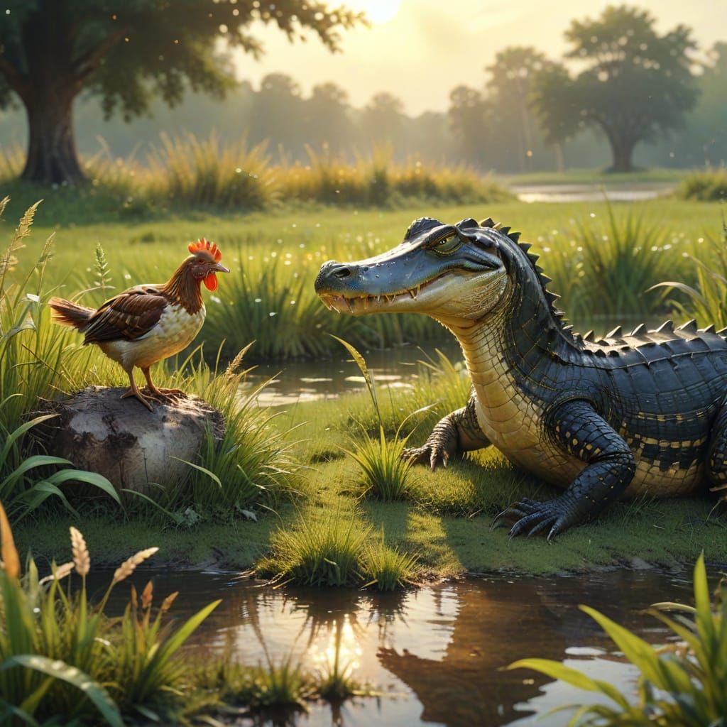 Alligator Serenade: A Whimsical Watercolor Countryside Scene