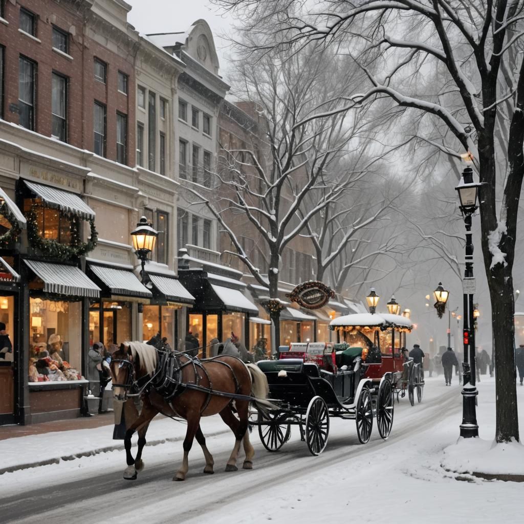 Christmas Main Street Scene in Winter Snow