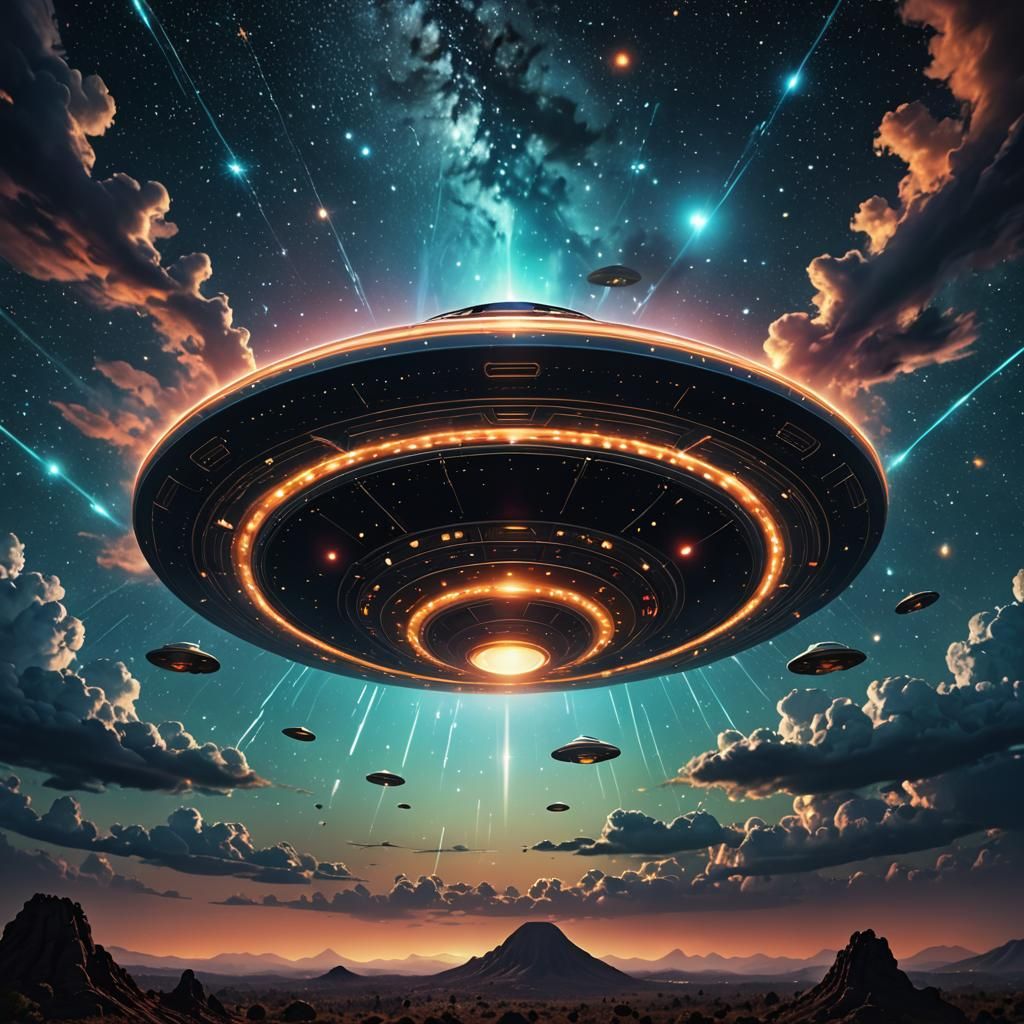 Flying Saucer Among Clouds and Stars in Cosmic Illustration