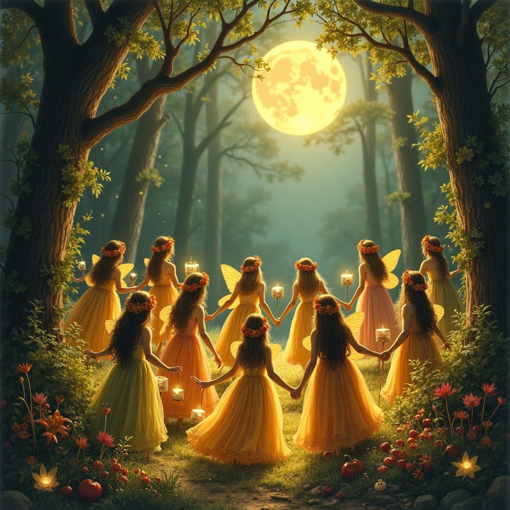 Fairies Celebrate Harvest Moon in Mystical Forest