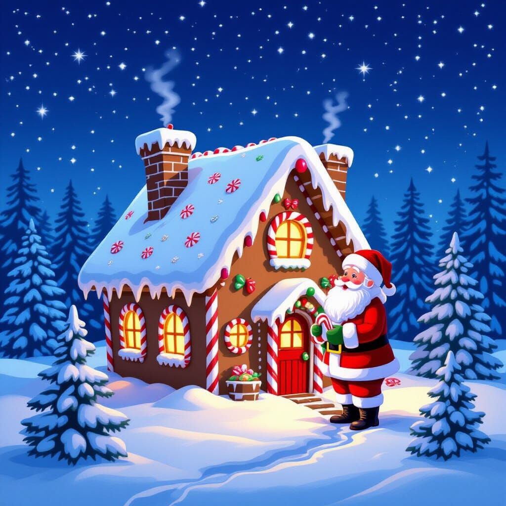 Santa Beside a Snowy Gingerbread House on Christmas Eve