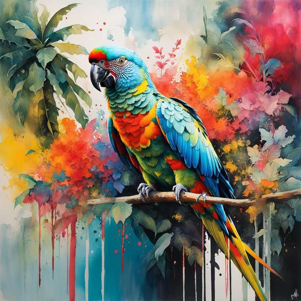 Colorful Parrot Double Exposure Splash Art Portrait