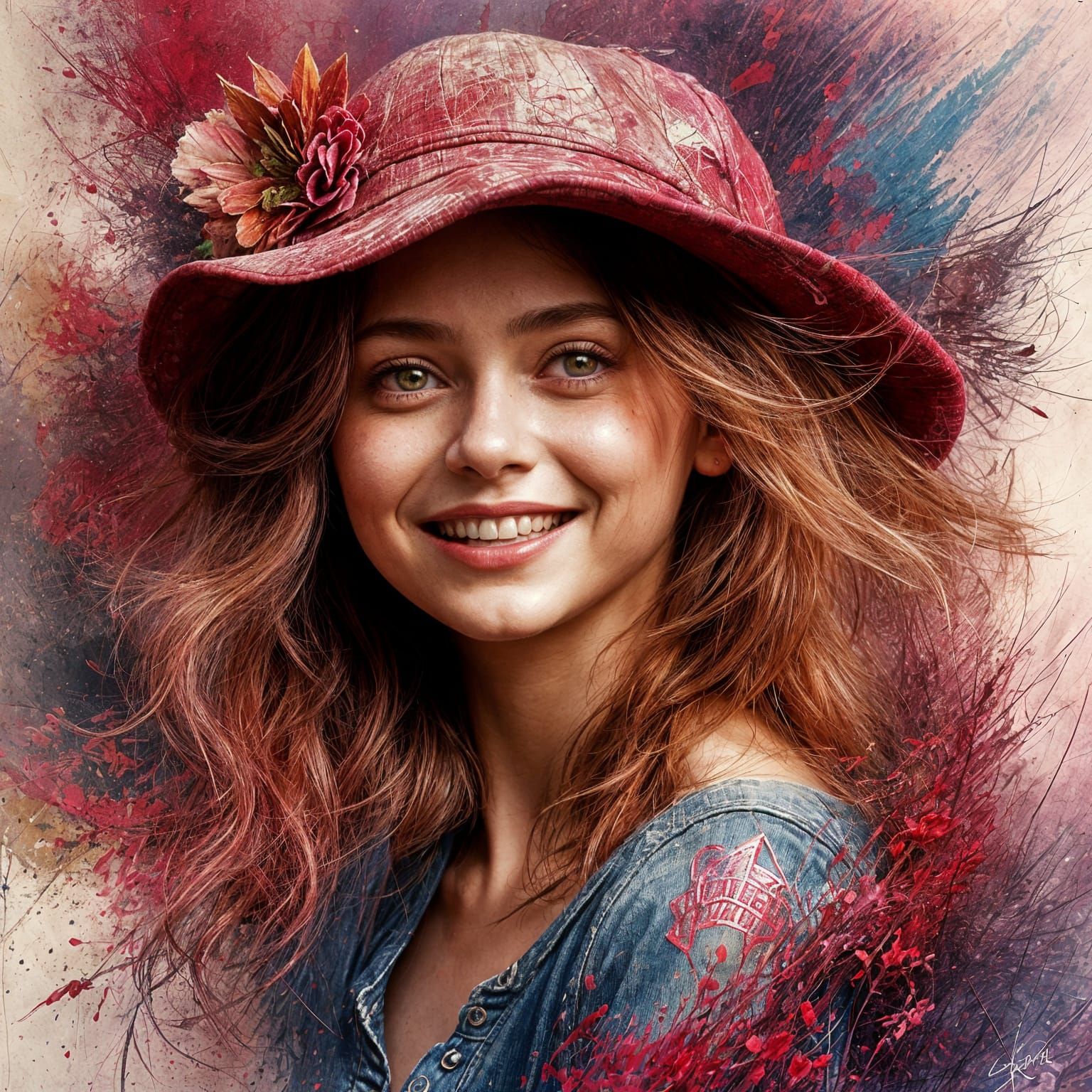 Vintage Art of Joyful Girl in Pre-Raphaelite Style