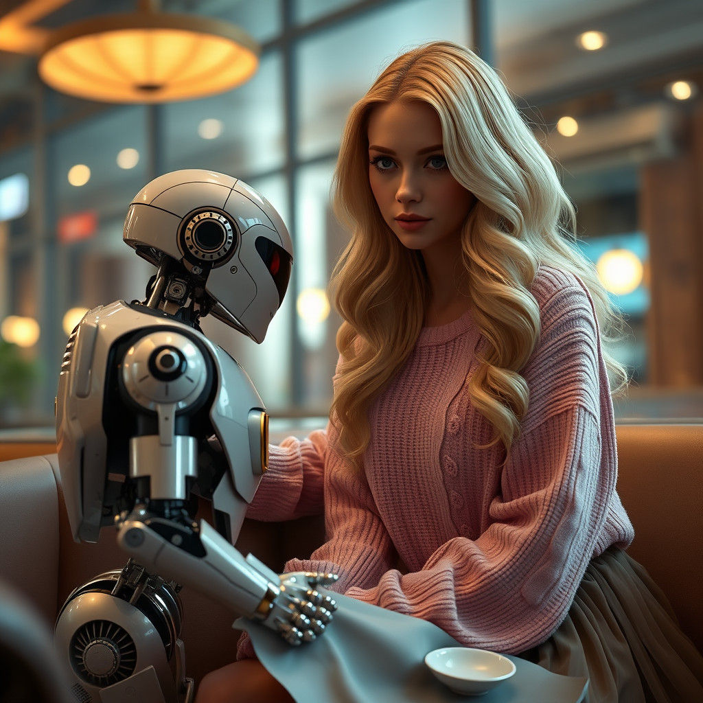 Blonde Woman and Robot Companion in Restaurant
