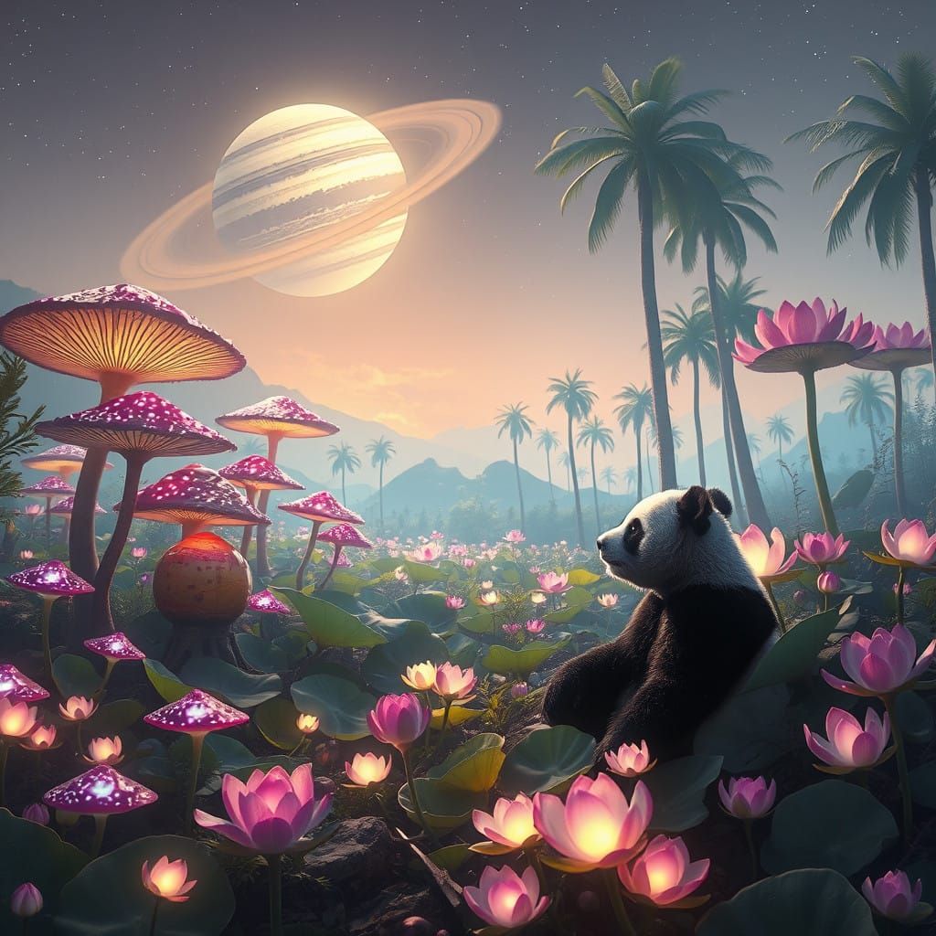 Dreamlike Landscape with Glowing Mushrooms and Vibrant Orchi...