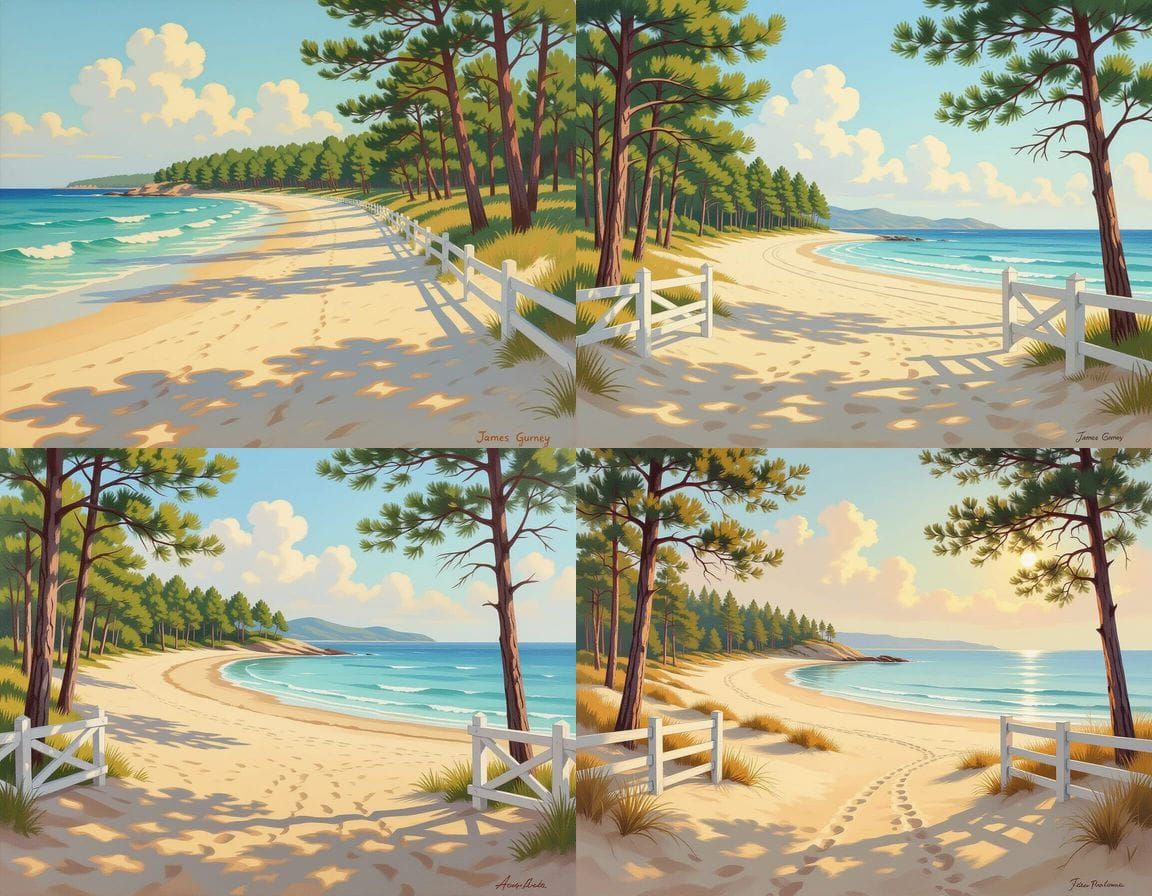 Peaceful Beach Scene with Pine Forest and Calm Sea