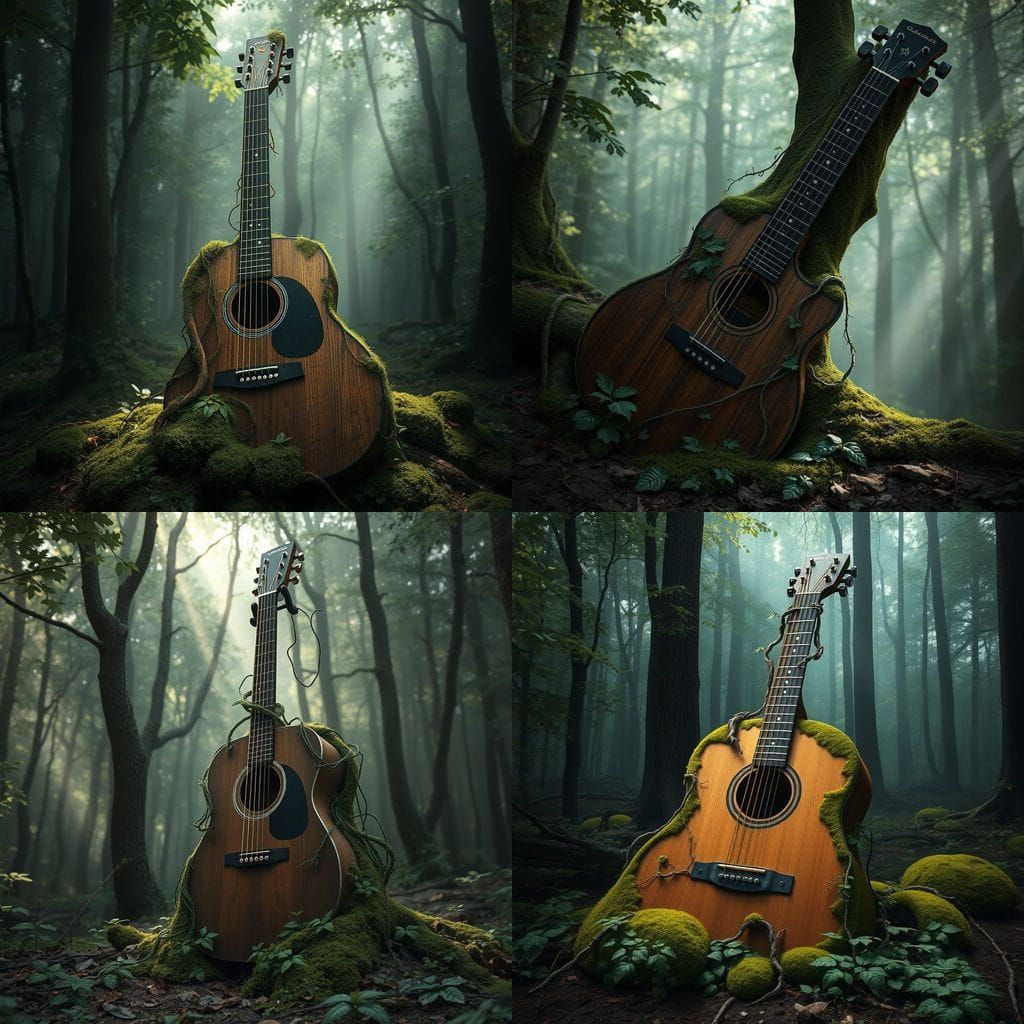 Moss-Covered Guitar Emerges from Forest Floor