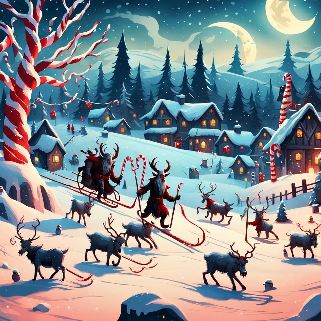 Krampus Leads Rogue Reindeer Through Festive Village Under E...