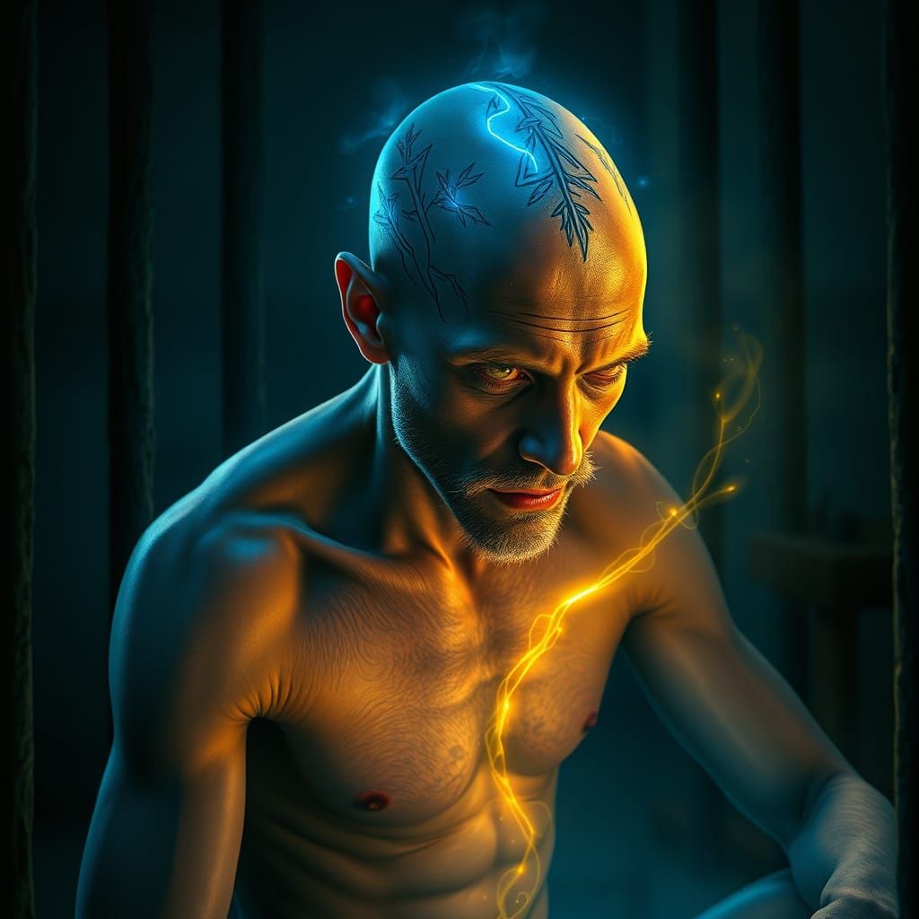 Half-Jaguar Alien Bluebeard in Prison Cell with Tattoos