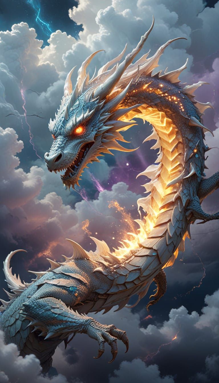 Ethereal White Dragon Surrounded by Glowing Clouds