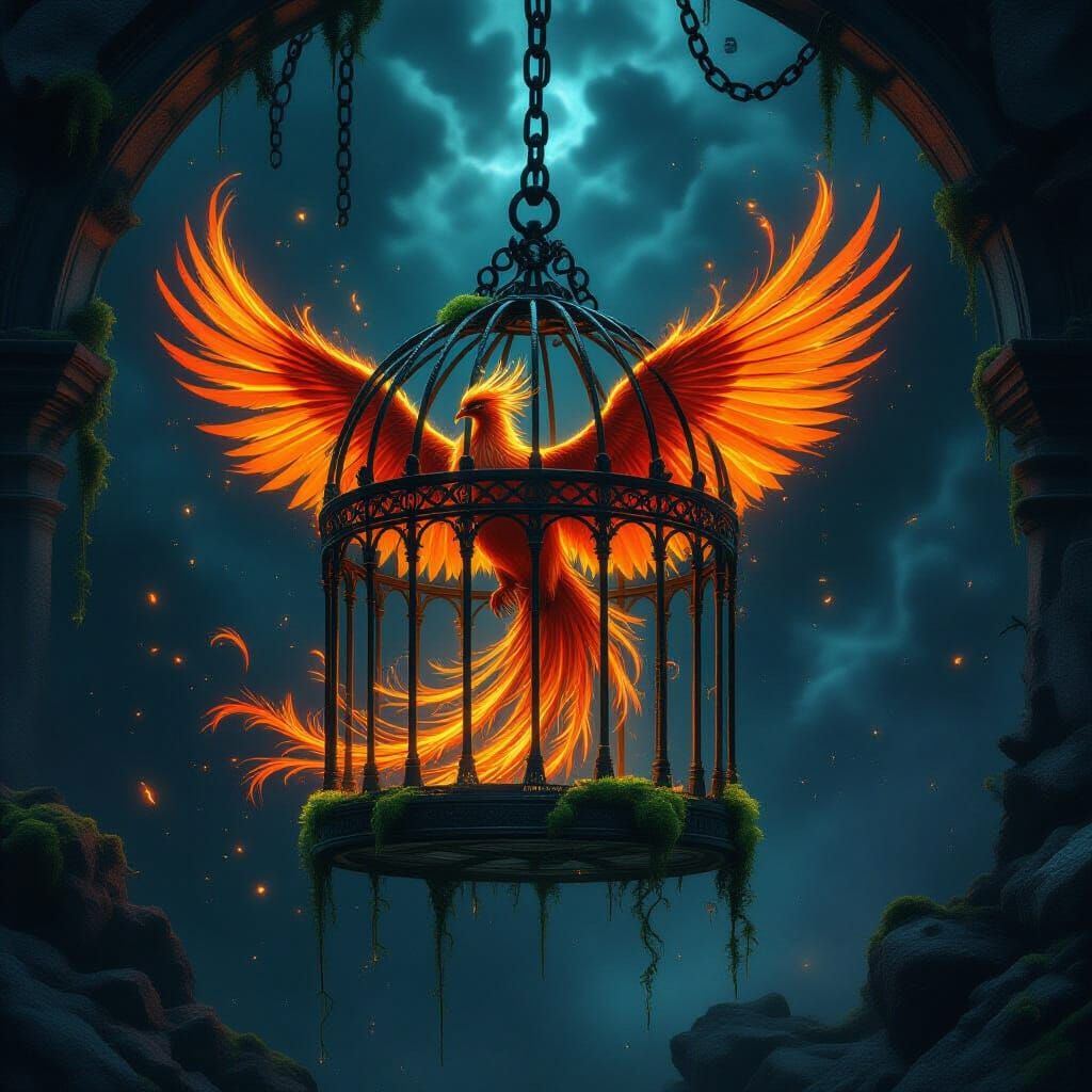 Phoenix In Cosmic Cage, Dark Fantasy Art