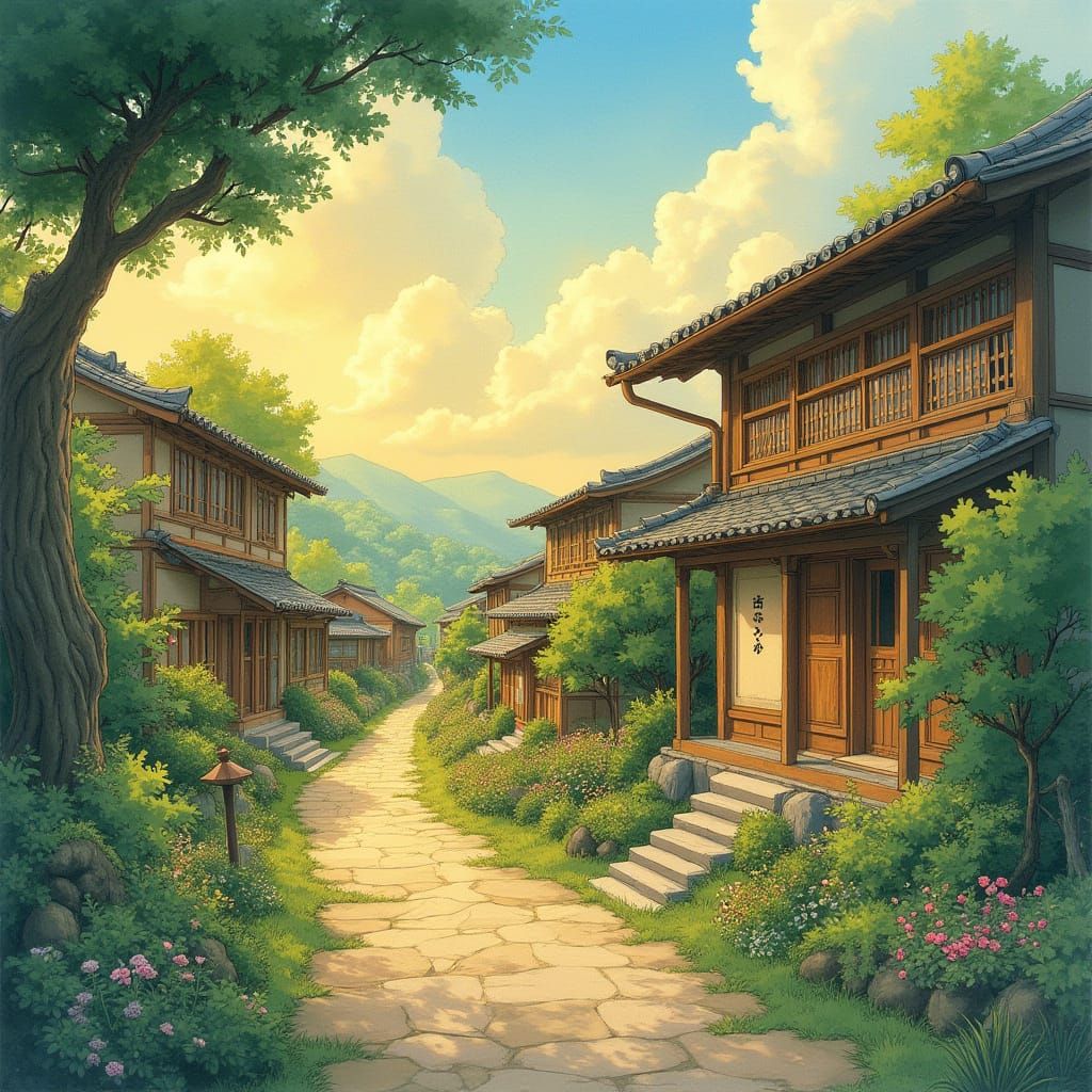 Whimsical Ghibli-Inspired Japanese Landscape at Sunset