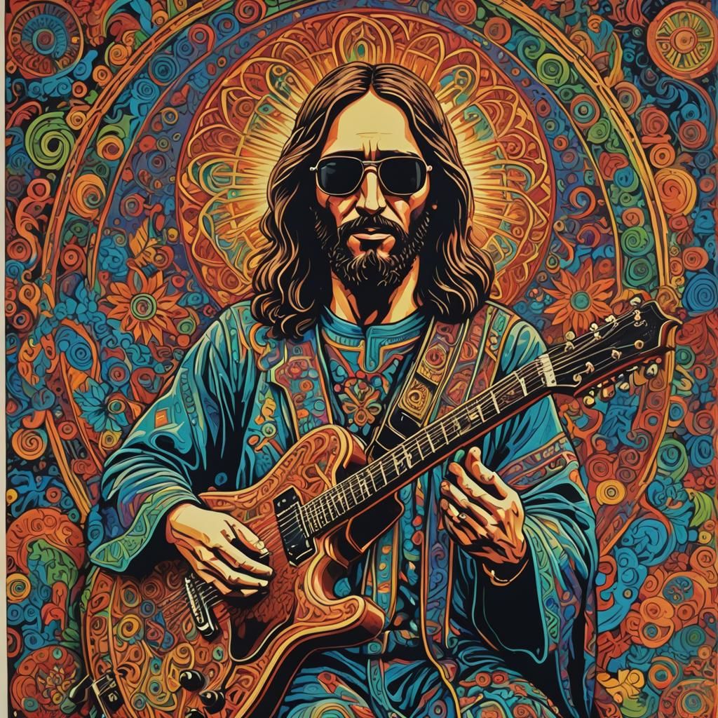 Jesus as 70s Rocker in Psychedelic Acrylic Art
