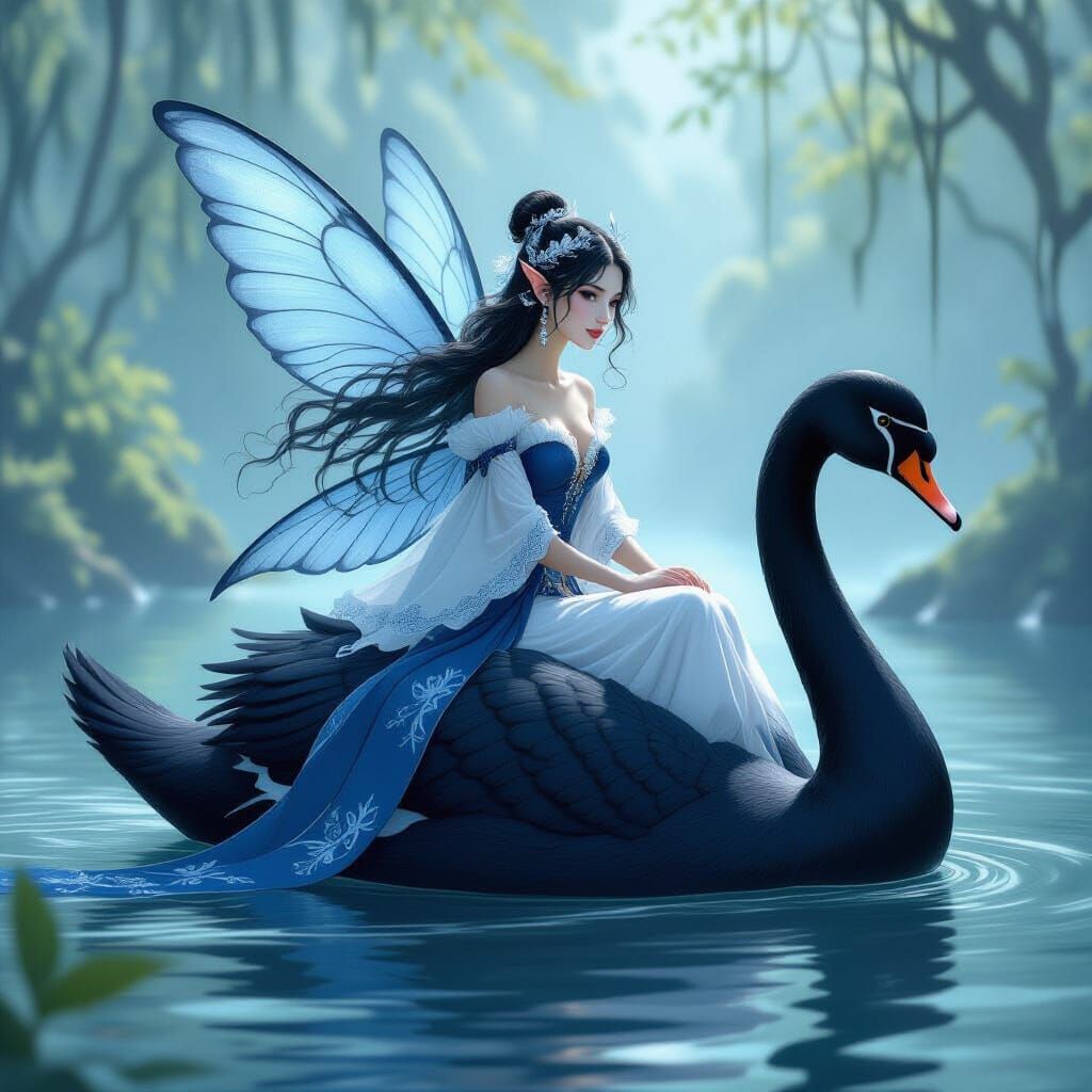 Maritime Fairy Rides Swan in Whimsical Style