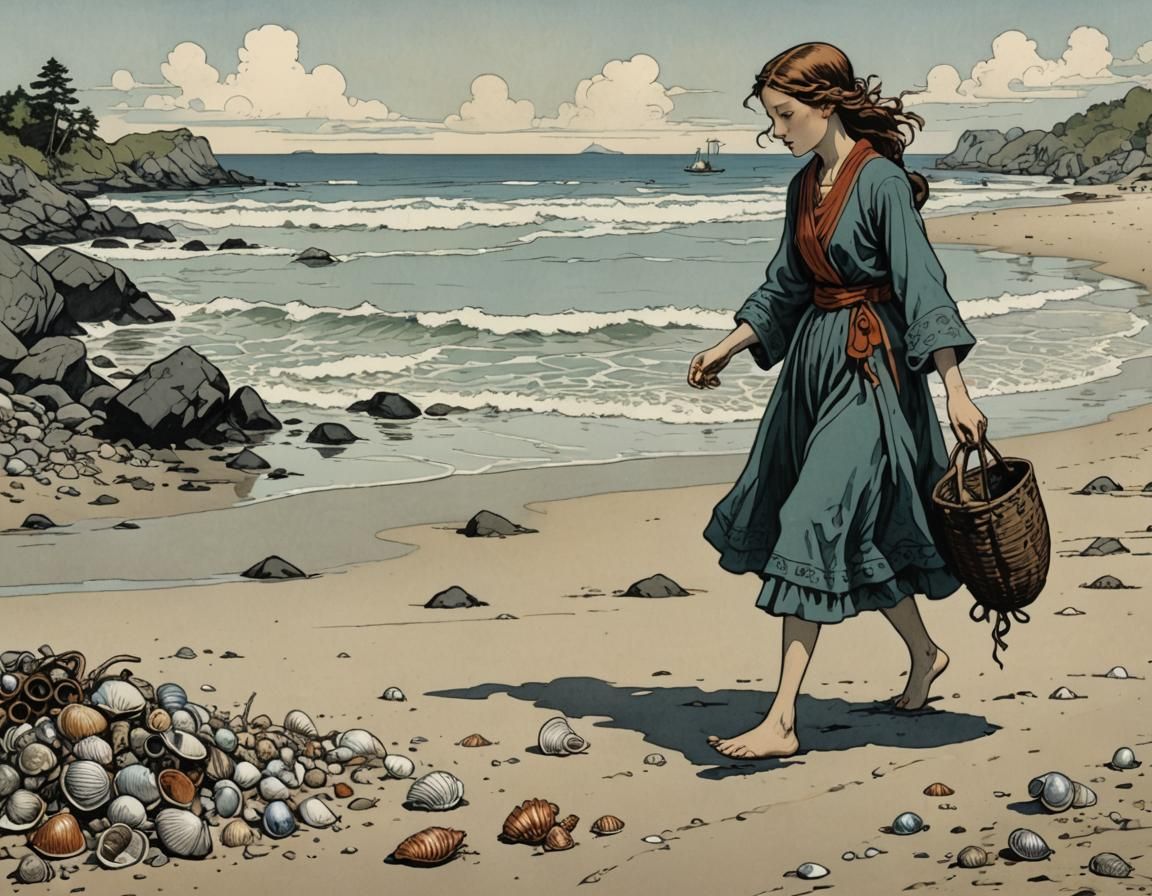 Girl Collecting Shells on Beach in Dark Fantasy Style