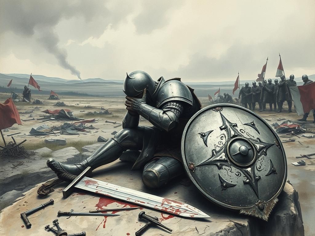 Weary Knight Templar in War-Torn Landscape