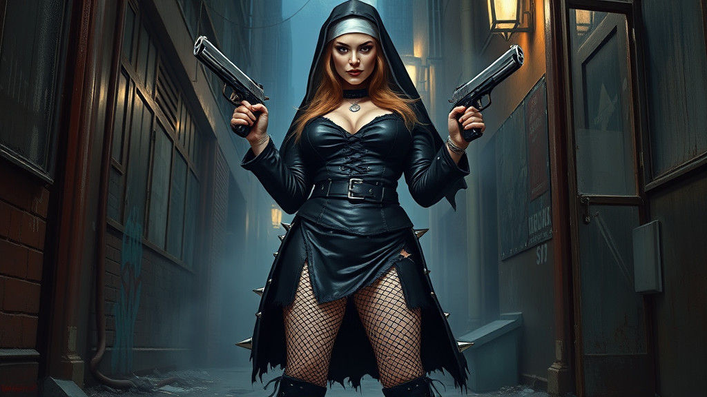 Punk Rock Nun with Guns in Noir Fantasy Style