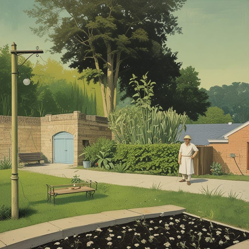 Eerie Garden Scene Inspired by Early Modern Art