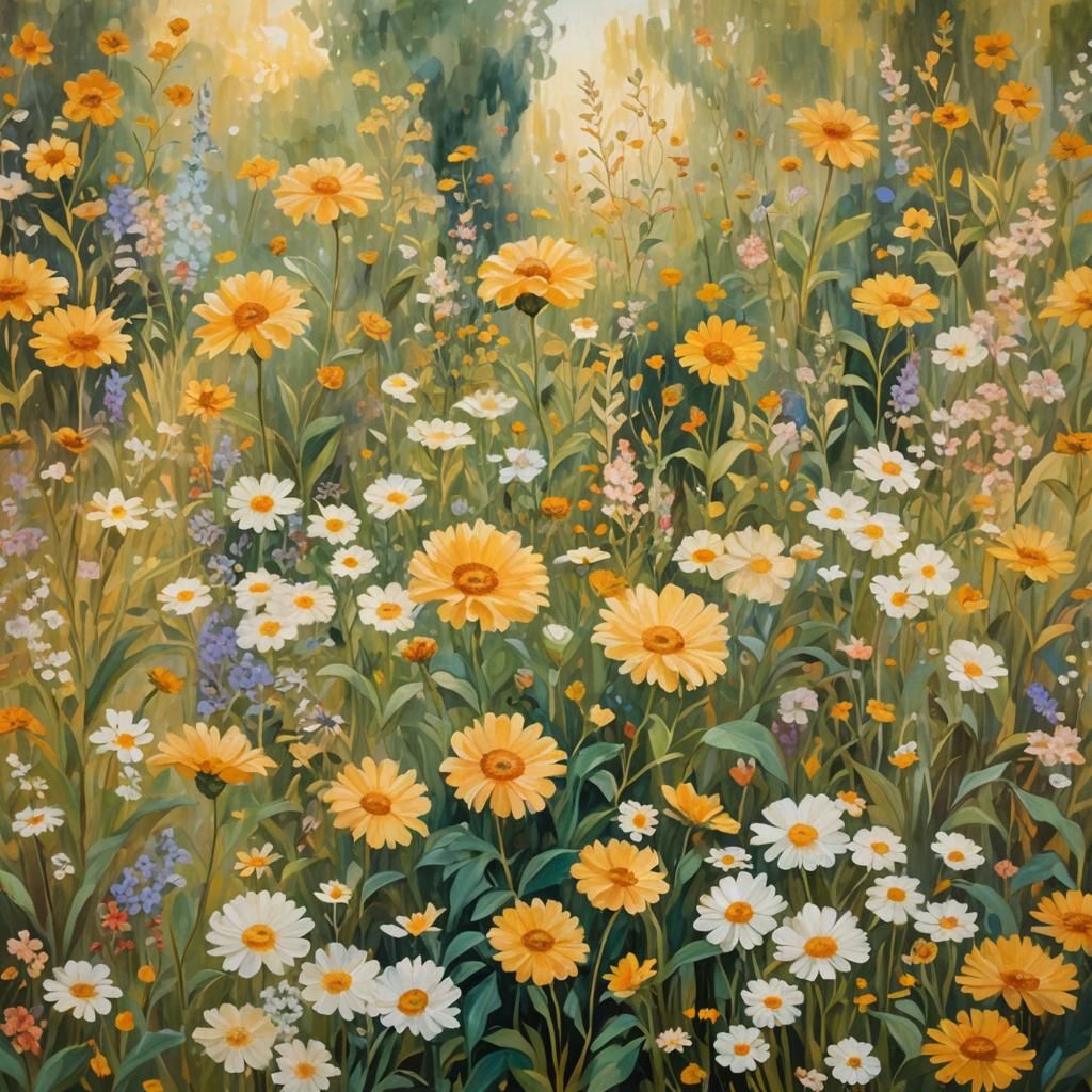 Golden Summer Garden in Full Bloom: Impressionist Painting
