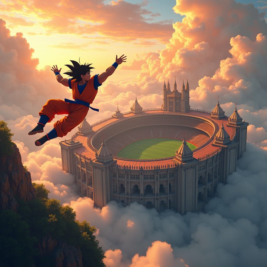 Goku Soaring Over Soccer Stadium Castle