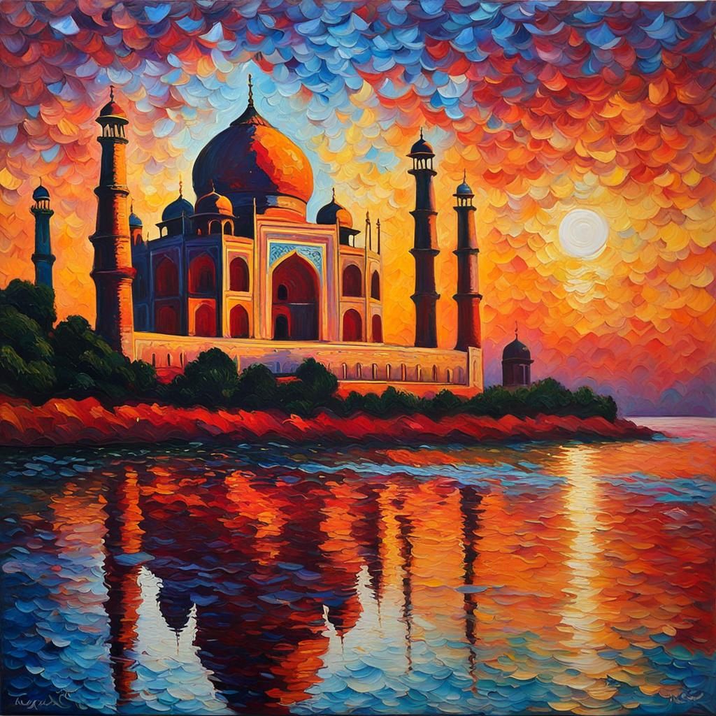 Taj Mahal Sunset as Melted Wax Impasto Painting