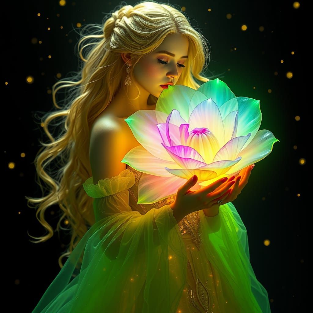 Golden Haired Lady with Rainbow Flower